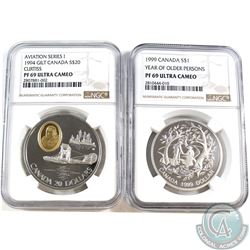 1994 Canada $20 Aviation - Curtiss NGC PF-69 & 1999 Canada $1 Year of the Older Person NGC PF-69. 2p
