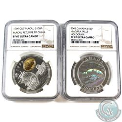 1999 S100P Macau Returns to China NGC PF-67 & 2003 Canada $20 Niagara Falls NGC PF-67. 2pcs.
