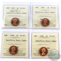 Lot of 1965-1969 Canada 1-cent ICCS Certified PL-64 Red Ultra Heavy Cameo - 1965 Small Beads Blunt 5