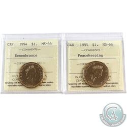 1994 Remembrance & 1995 Peacekeeping Canada Loon $1 ICCS Certified MS-66. 2pcs