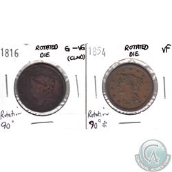 1816 G-VG (cleaned) & 1854 VF USA 1-cent with 90 Degree Rotated Dies. 2pcs