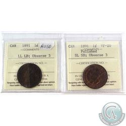 1891 SL SD; Obverse 3 Canada 1-cent ICCS VF-20 (polished) & 1891 LL LD; Obverse 2 ICCS Certified EF-