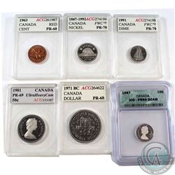 6x Canada 1-cent, 5-cent, 10-cent, 50-cents & Dollar ACG/ICG Certified: 1963 1-cent ACG PR-68,