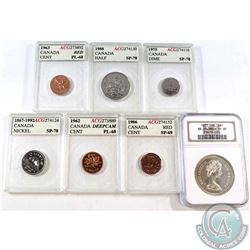 7X Canada 1-cent, 5-cent, 10-cent, 50-cent & Dollar ACG/NGC Certified: 1963 1c ACG PL-68, 1986 1c AC