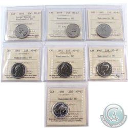1978 Large Denticle, 1979, 1980, 1981, 1983, 1985, & 1986 Canada 25-cents ICCS Certified MS-67 NBU. 