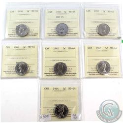 1950, 1953 NSF FL, 1957, 1960, 1962, 1963 & 1964 Canada 5-cent ICCS Certified MS-64. 7pcs