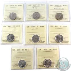 2000W NBU, 2002P, 2005P VE Day, 2005P, 2006P, 2007, 2008 & 2009 Canada 5-cents ICCS Certified MS-66.