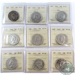 Estate lot of ICCS Certified Canada 50-cents: 1944 Far 4 F-12, 1944 Far 4 F-15, 1945 PVC F-12, 1946 