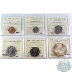 Lot of Canada 1-cent to $1 ICCS Certified Coins - 1970 1-cent MS-64 Red, 2006P 10-cent MS-64 NBU, 20