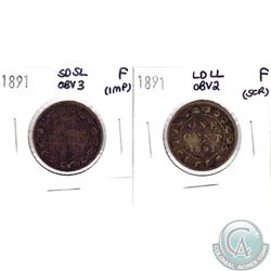 1891 SD SL Obv 3 (impaired) & 1891 LD LL Obv 2 (scratched) Canada 1-cent in Fine Condition. 2pcs