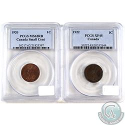 1920 Canada 1-cent PCGS MS-62 Red/Brown & 1922 Canada 1-cent PCGS XF-45. 2pcs