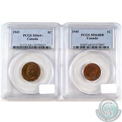 1943 & 1945 Canada 1-cent PCGS Certified MS-64. 1945 is Red/Brown. 2pcs