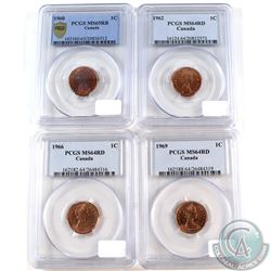 Lot of Canada 1-cent PCGS Certified coins: 1960 MS-65 RB, 1962 MS-64, 1966 MS-65 RB and 1969 MS-64 R
