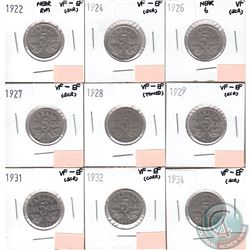 Lot of 9x Canada 5-cent Dated 1922 Near Rim, 1924, 1926 Near 6, 1927, 1928, 1929, 1931, 1932 & 1934