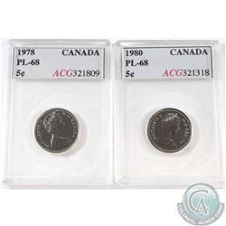 1978 Canada 5-cent ACG Certified PL-68 & 1980 Canada 5-cent ACG Certified PL-68. 2pcs.