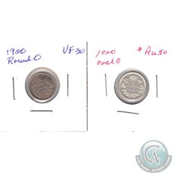 1900 Canada 5-cent Oval AU, 1900 Canada 5-cent Round VF-EF. 2pcs