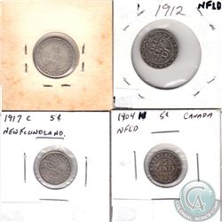 Estate Lot of 4x Newfoundland 5-cent & 10-cent - 1904H 5-cent, 1917C 5-cent, 1912 10-cent & 1917C 10