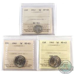 Estate Lot of 1912-1941 Canada 5-cent ICCS Certified - 1912 EF-40, 1940 MS-63 & 1941 MS-63. 3pcs