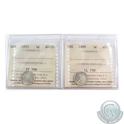 5-cent 1893 & 1899 ICCS Certified AU-55. 2pcs