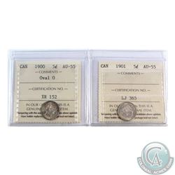 5-cent 1900 Oval 0 & 1901 ICCS Certified AU-55. 2pcs