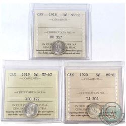 5-cent 1918, 1919 & 1920 ICCS Certified MS-63. 3pcs