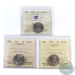 5-cent 1922 Near Rim, 1923 & 1924 ICCS Certified AU-55. 3pcs