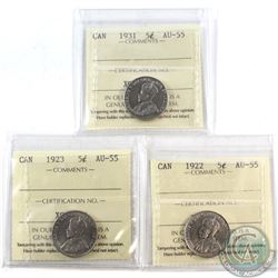 5-cent 1922, 1923 & 1931 ICCS Certified AU-55. 3pcs