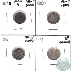 Lot of 4x Canada 5-cent Dated 1874H Plain 4, 1883H, 1889 & 1893 in VG-F or EF (coins have various im