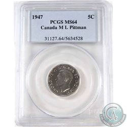 1947 Maple Leaf 5-cent PCGS Certified MS-64; Pittman
