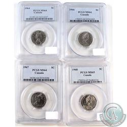 Lot of Canada 5-cent PCGS Certified coin: 1964 MS-64, 1966 MS-64, 1967 MS-64 & 1968 MS-65. 4pcs