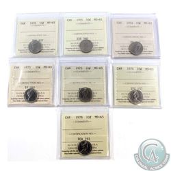 10-cent 1970, 1971, 1972, 1973, 1975, 1976 & 1978 ICCS Certified MS-65. 7pcs