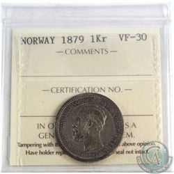 Norway 1879 1 Kroner ICCS Certified VF-30 *KEY DATE*