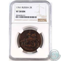 Russia 1761 2 Kopeks NGC Certified VF-30 BN