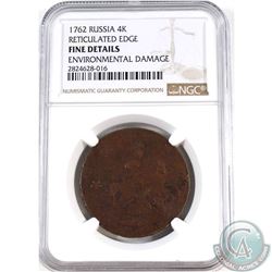 Russia 1762 4 Kopeks Reticulated Edge NGC Certified Fine Details Environmental Damage