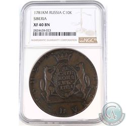 Russia 1781KM Copper 10 Kopeks Siberia NGC Certified XF-40 BN