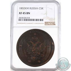 Russia 1802KM Copper 5 Kopeks NGC Certified XF-45 BN