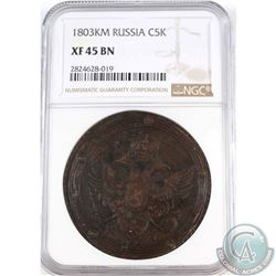 Russia 1803KM Copper 5 Kopeks NGC Certified XF-45 BN