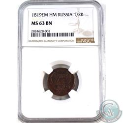 Russia 1819EM HM 1/2 Kopek NGC Certified MS-63 BN