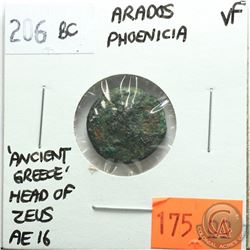 Arados Phoenicia 206 BC; AE 16; Head of Zeus; 'Ancient Greece'; VF; Reverse - 'Ram of Galley Ship'