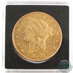 USA 1879 $20 Double Eagle Gold coin. Coin weighs 33.43 grams and contains 0.9677 oz. of Pure Gold.