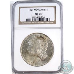 USA 1921 Morgan Silver $1 NGC Certified MS-64.