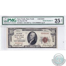 USA 1929 $10 National Currency, New York Issue (FR-1801-1/ CH#13334). Serial # D000004A. Jones-Wood.