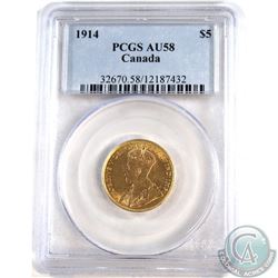 Canada 1914 $5 Gold George V PCGS Certified AU-58.