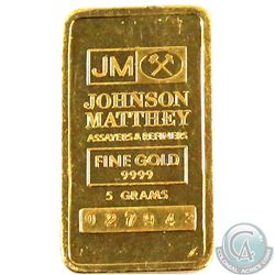 SCARCE  Johnson Matthey 5 gram Fine Gold Bar with 'JM Logo' (Tax Exempt). Serial # 027943