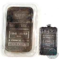 SCARCE  Johnson Matthey 5 gram & 2oz Fine Silver Bar Lot (Tax Exempt). The 5 gram bar, although simi