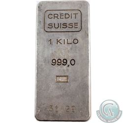 Vintage Credit Suisse 1 Kilo Fine Silver Bar (Tax Exempt). Serial # 31129