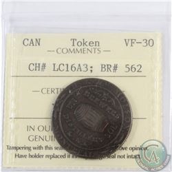 1837 Molson's Brewers, CH# LC16A3, BR# 532 ICCS Certified VF-30 *RARE* Very Attractive deep brown to