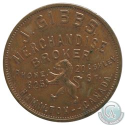 Hamilton Ontario J. Gibbs Merchandise Broker token. 29 mm Diameter, 11.55 grams