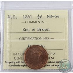 Nova Scotia 1/2-cent 1861 ICCS Certified MS-64 Red & Brown. A primarily red coin with sharp details.