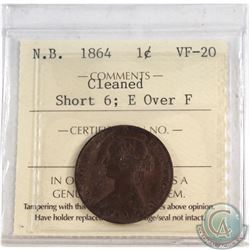 New Brunswick 1-cent 1864 Short 6; E over F ICCS Certified VF-20. Cleaned.